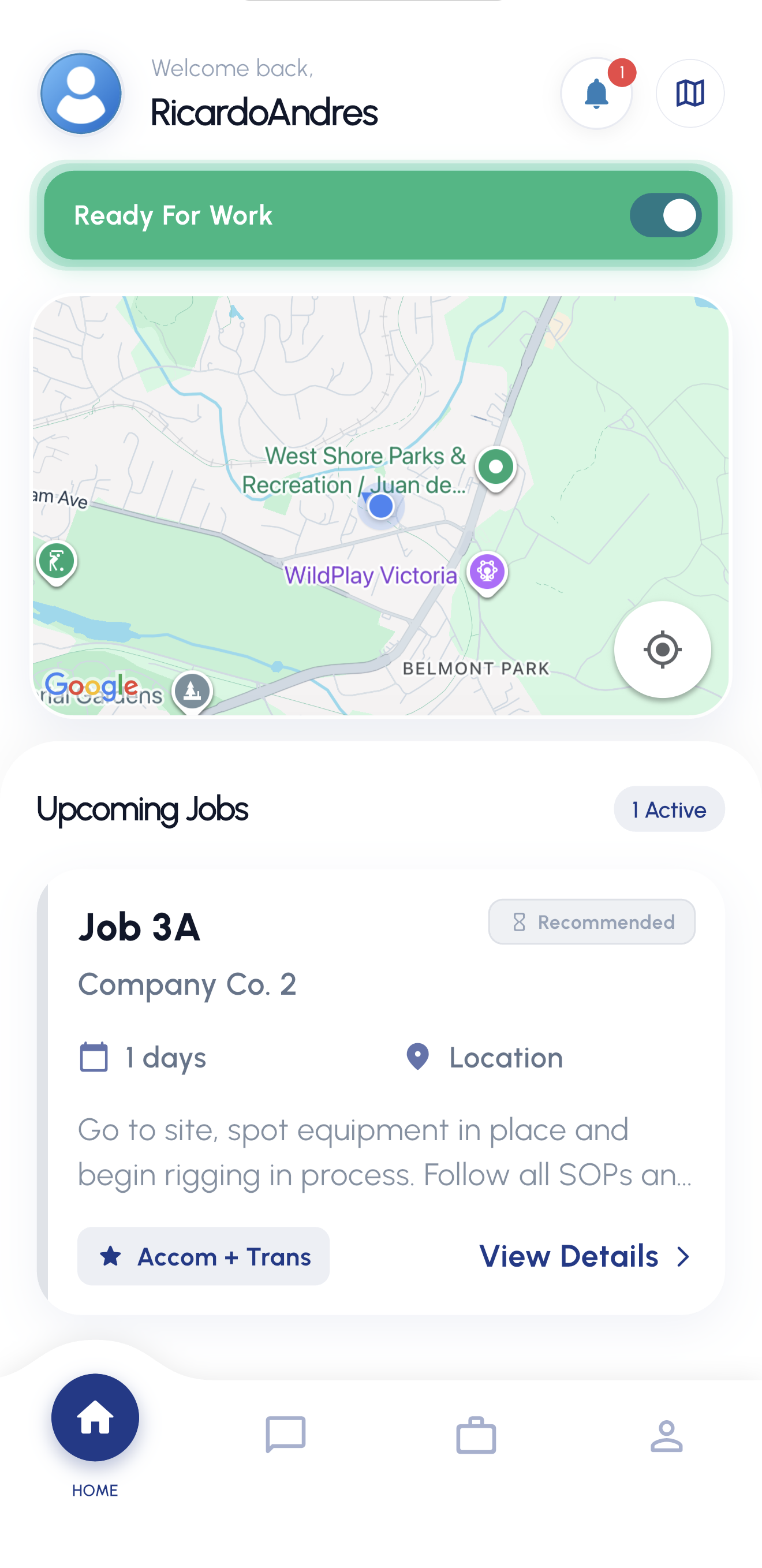 HitchGuardian mobile app home screen with map and active jobs